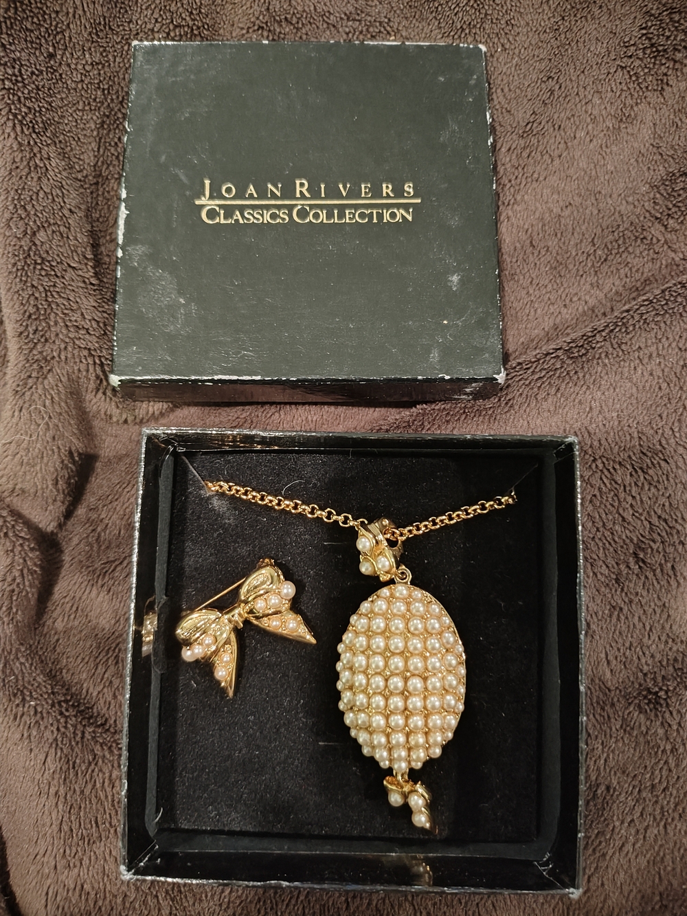 Joan Rivers Gold-Tone Faux Pearl Pendant Necklace and Bow Pin Set